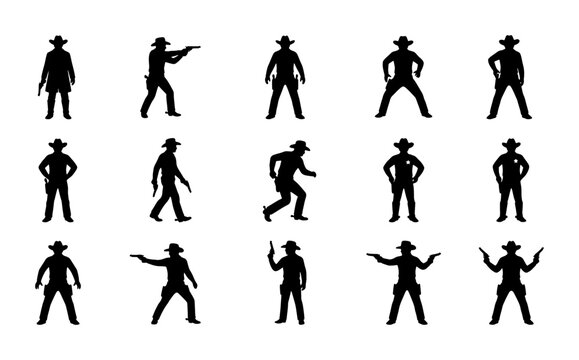 Wild West cowboy silhouettes set, 15 western outlaw and sheriff vector icons, vintage gunfighter and bandit character collection for gaming and design