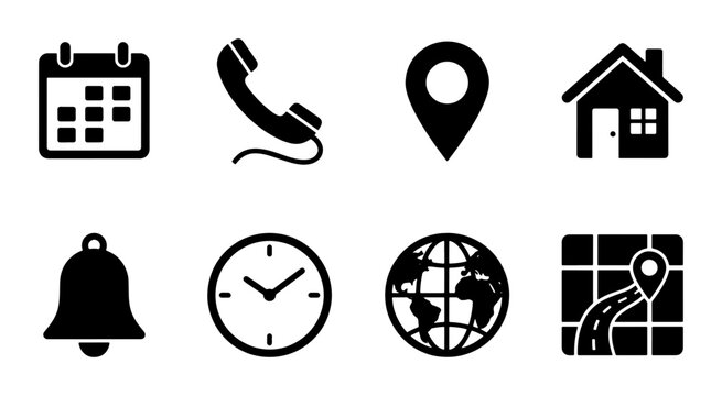Minimalist contact icons set, black solid communication symbols, 8 vector UI elements for business website and mobile app navigation