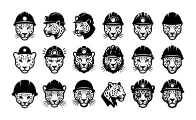 Leopard miner mascot collection, 18 vector icons of wild cats wearing hard hats and mining helmets, black and white animal worker logos © Muhtasim