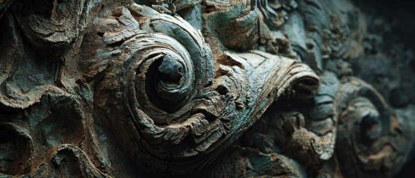 Abstract stone carving detail with swirling patterns and texture elements