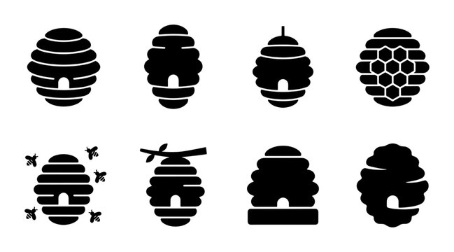 Minimalist beehive icon set, black silhouette honey bee nest collection, 8 vector hive symbols for beekeeping and organic honey branding