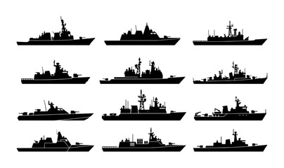 Military warship silhouettes set, 12 navy vessel icons in black vector format, destroyer and battleship fleet collection for marine defense infographics © Fatema