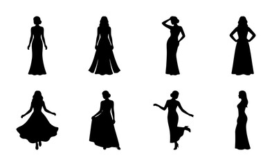Elegant evening dress silhouettes, set of 8 fashion model vector icons, black female figures in formal gowns and prom dresses for luxury branding © Fatema