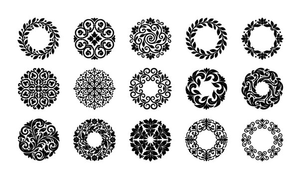 Vintage floral wreaths and circular ornaments set, 15 black decorative mandala icons, elegant botanical frame vector collection for wedding branding