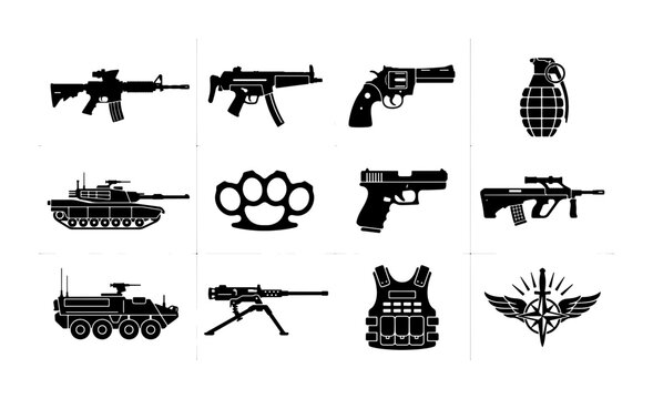 Military weapon icons set, black silhouette tactical gear and firearms collection, 12 vector elements featuring guns, tanks, and combat equipment