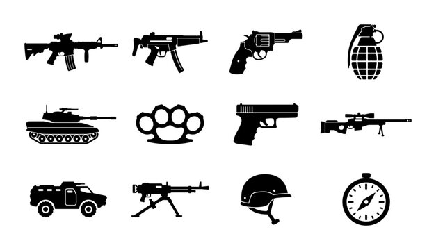 Military weapon silhouette icons set, 12 black tactical gear and firearm vector elements, army equipment and combat weapon symbols for gaming