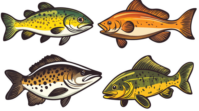 Four stylized illustrations of fish in various colors, showcasing aquatic life and marine art
