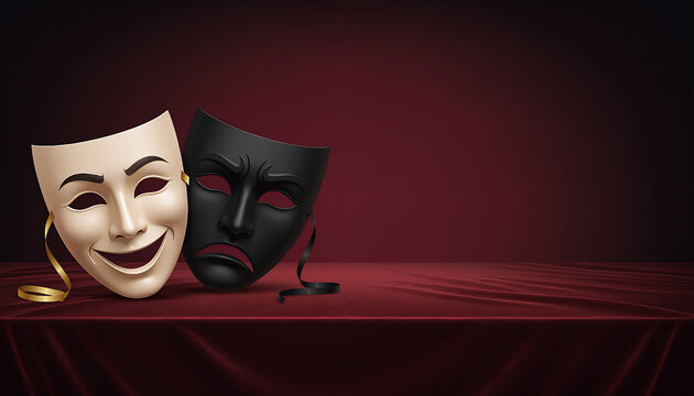 Comedy and tragedy masks resting on a red velvet stage