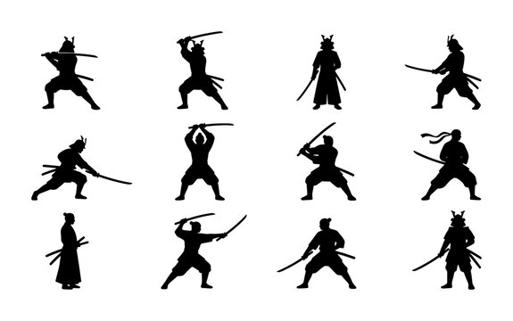 Japanese samurai warrior silhouette set, 12 martial arts fighter vector icons, traditional ronin and ninja combat poses with katana swords