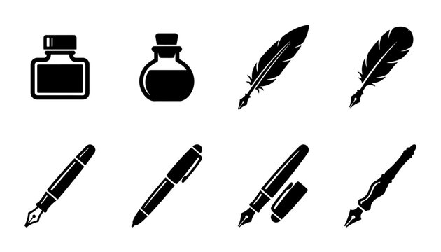 Vintage fountain pen and inkwell icon set, 8 black quill and calligraphy nib vector elements, classic writing tools for stationery design