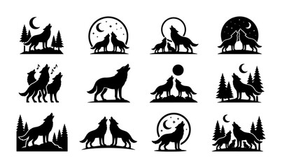Howling wolf silhouette icons set, 12 black vector wolf logos with moon and forest, wild animal silhouettes for outdoor branding and tattoo design © Alpona