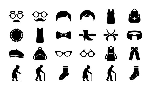 Minimalist fashion and elderly lifestyle icons, black silhouette clothing and accessory set, 24 vector elements for senior care and apparel design