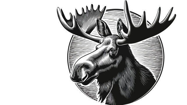 A black and white illustration of a moose head with large antlers in a circular frame