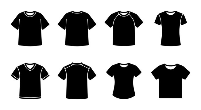Black t-shirt vector icons set, blank apparel mockup silhouettes for fashion design, 8 minimalist clothing templates for branding and merchandise