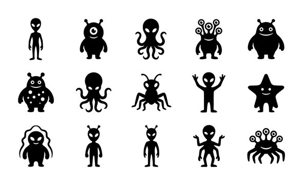 Alien silhouette icons set, 15 extraterrestrial monster character vectors, black ufo creature glyphs, outer space invader symbols for gaming