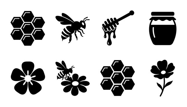 Honey bee icon set with honeycomb and jar, black silhouette apiculture vector elements, 8 organic honey production symbols for branding