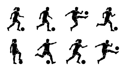 Soccer player silhouettes set, male and female football athletes in action poses, black vector icons of people playing soccer on white background © Habibur