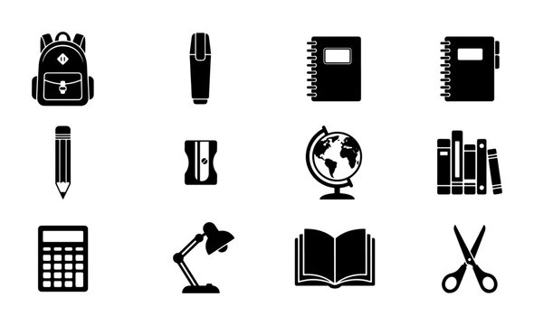 Black school icons set, 12 education vector symbols on white background, academic supplies and stationery collection for back to school design
