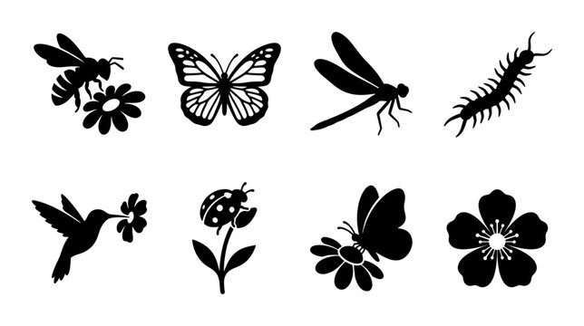 Black insect silhouettes and garden wildlife icons, set of 8 vector elements, butterfly and bee nature symbols for spring designs