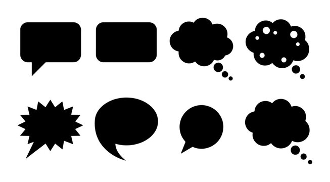 Black speech bubble icons set, comic thought cloud silhouettes, 8 vector chat balloon shapes for communication and social media interface design