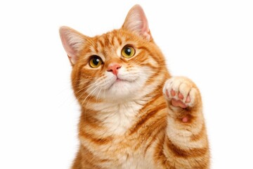 Obraz premium Adorable ginger cat, playful orange tabby with a raised paw, cute domestic feline portrait, charming pet for animal-themed projects