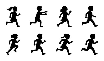 Running children silhouettes set, black vector icons of boys and girls in motion, active kids playing and sprinting collection, 8 elements © Habibur