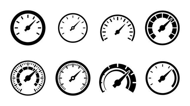 Speedometer icon set with 8 vector gauges, black dashboard meter symbols, industrial pressure gauge and tachometer collection for performance tracking