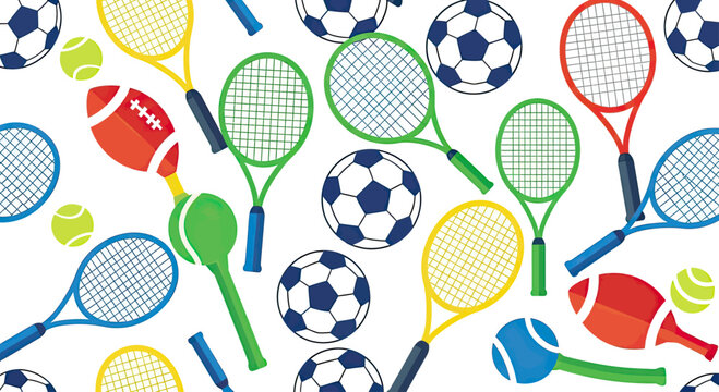 Vibrant pattern of assorted sports balls and racquets