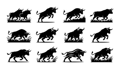 Naklejka premium Powerful bull silhouettes collection, set of 12 black buffalo icons in various charging and jumping poses, aggressive bull vector graphics for logos