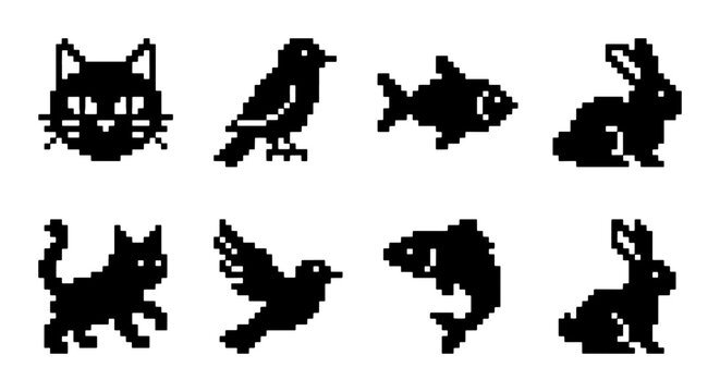Pixel art animal icons set, retro 8-bit pet silhouettes including cat bird fish and rabbit, black pixelated wildlife vector graphics
