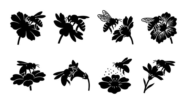 Vintage honey bee silhouettes on flowers, set of 8 black floral insect icons, botanical bumblebee vector illustrations for nature branding