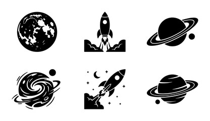 Minimalist outer space icon set, black and white rocket ship and planet vector illustrations, 6 galaxy exploration symbols for web design © Rebeka
