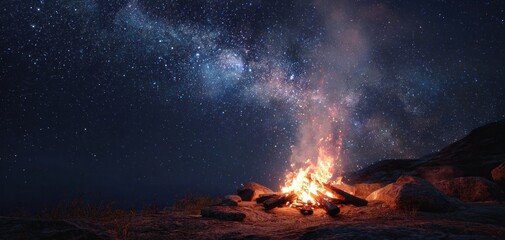 Fototapeta premium Campfire burning brightly under the starry night sky outdoor landscape scene