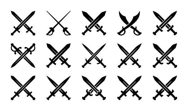 Medieval crossed swords icons set, 15 black silhouette sword vector elements, antique battle weapon symbols for gaming and heraldry