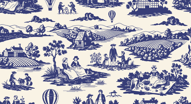Blue and white toile pattern depicting idyllic pastoral scenes with figures, animals, and landscapes