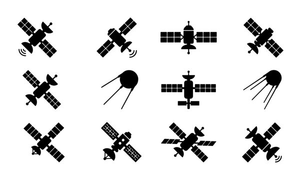 Satellite icon set with 12 black silhouettes, space station and orbital communication vector elements, aerospace technology symbols for infographics