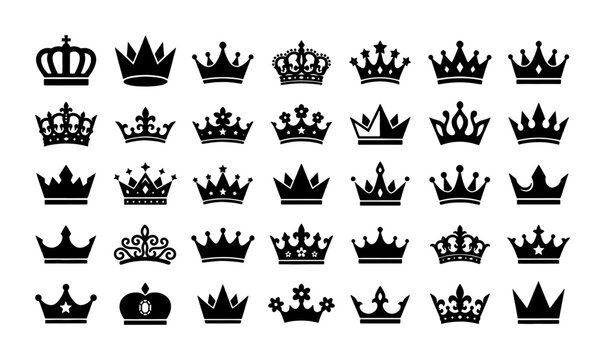 Royal crown silhouette collection, 35 black imperial coronet icons, vintage heraldic king and queen headwear set, elegant luxury jewelry vector