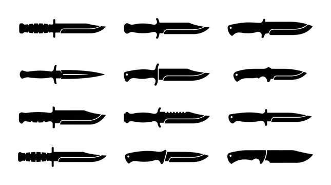 Tactical combat knife silhouettes, set of 12 military survival knives, black steel blade icons for hunting and camping, vector weapon collection