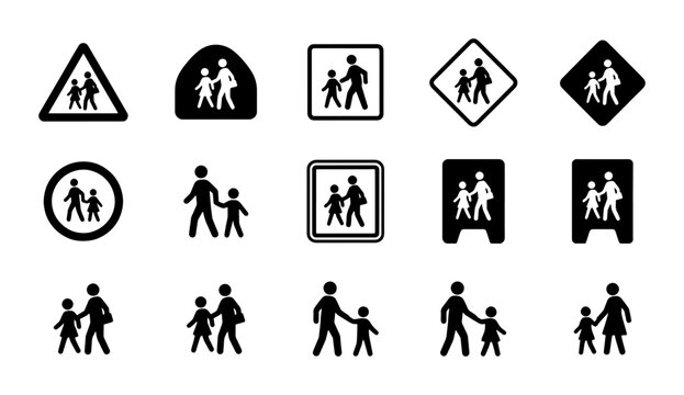 School crossing sign icons, black and white pedestrian safety symbols, set of 15 children walking vector silhouettes for traffic warning design
