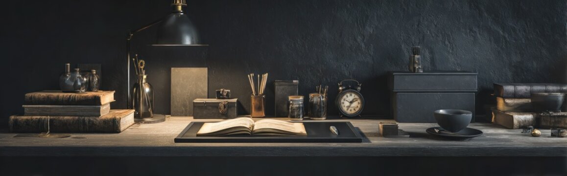 A vintage desk with books and accessories under soft lighting ideal for studying