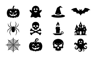 Obraz premium Halloween silhouette icon set with 12 vector elements, spooky pumpkin and ghost illustrations, black skull and bat symbols for holiday party design