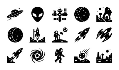 Space exploration icon set, 15 black solid vector icons of astronauts and rockets, galaxy and astronomy symbols for science education and web design © Kawsar
