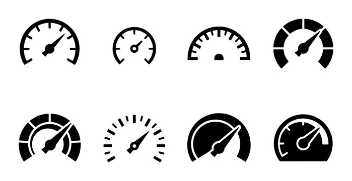 Speedometer icon set with 8 black vector gauges, minimalist dashboard performance indicators, tachometer and odometer symbols for automotive UI design