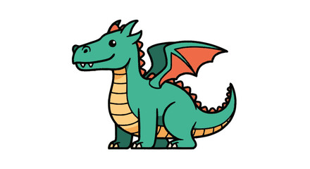 Obraz premium Cartoon dragon illustration with green body and red wings on white background