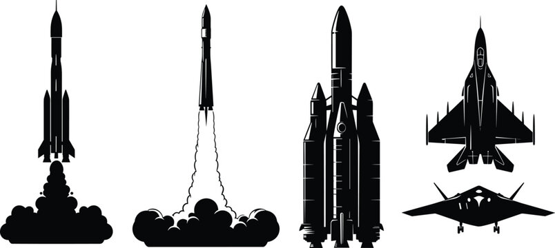 Aerospace rockets shuttle jets stealth aircraft silhouette illustration, defense technology artwork, exploration design concept, black and white vector template set