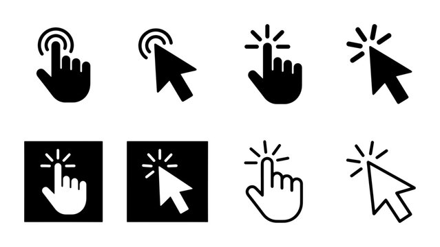 Minimalist computer mouse cursor and hand pointer icon set, 8 black and white digital clicker symbols, web navigation arrow and finger touch vectors