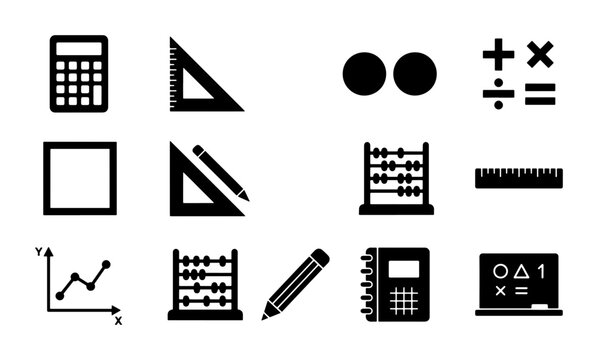 Mathematics and education icons set, black school supplies vector collection, geometry and arithmetic symbols for learning and science