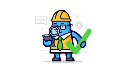 Fototapeta premium Cartoon engineer inspecting with a magnifying glass and check mark