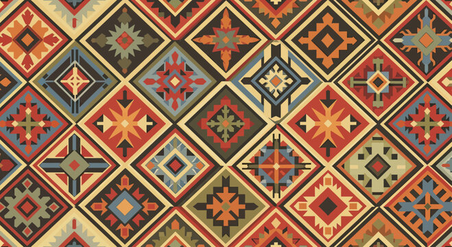 Traditional geometric diamond pattern with earthy tones and sharp edges