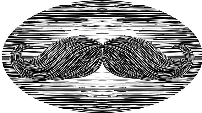 Bold mustache illustration inside a circle with horizontal line background, b&w
